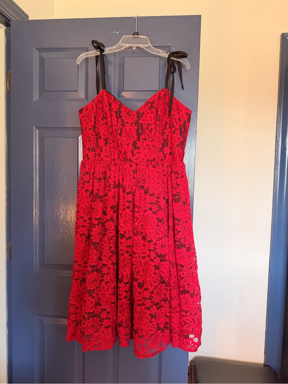Unique Vintage Red Lace Midi Dress with Black Tie Straps